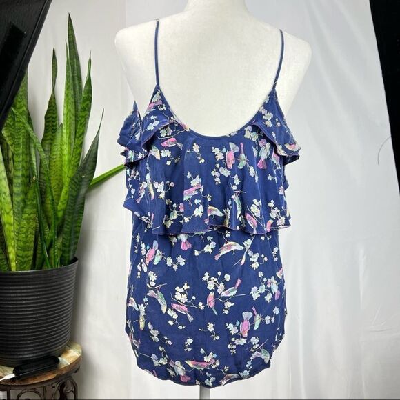 REBECCA TAYLOR Size 4 Silk Spaghetti Strap Top Floral with Ruffle Detail - Picture 5 of 9